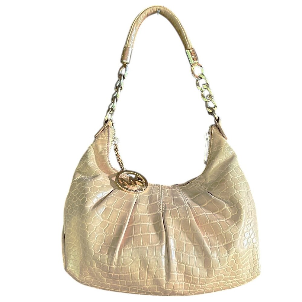 Michael Kors Leather Camel Shoulder Bag Purse w/Medallion & Matching Wallet